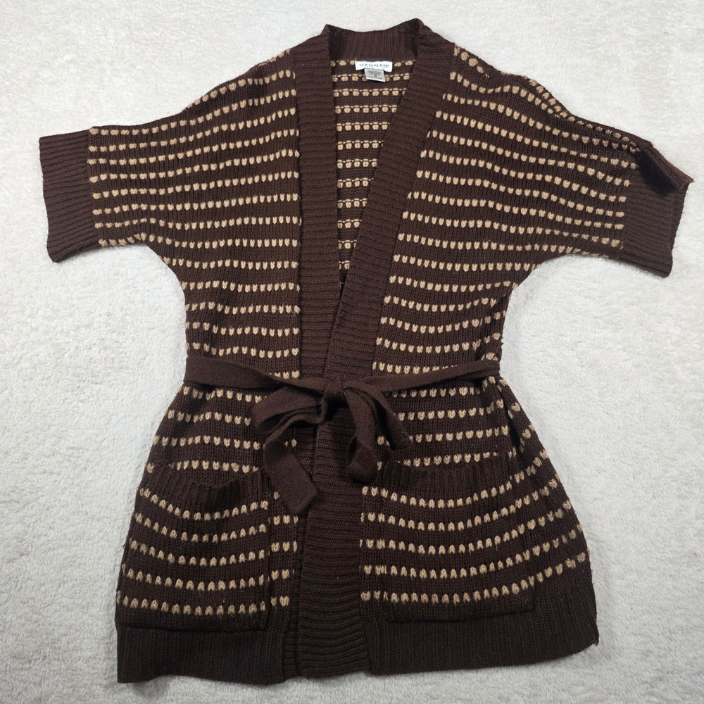 Hannah Cardigan Women Size M Brown Vintage Short Sleeve Heart Knit Belted USA